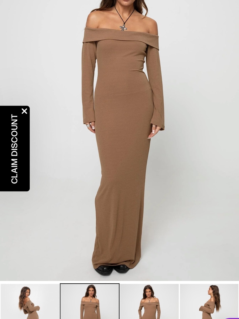Princess Polly Off-Shoulder Maxi Dress in Camel Brown